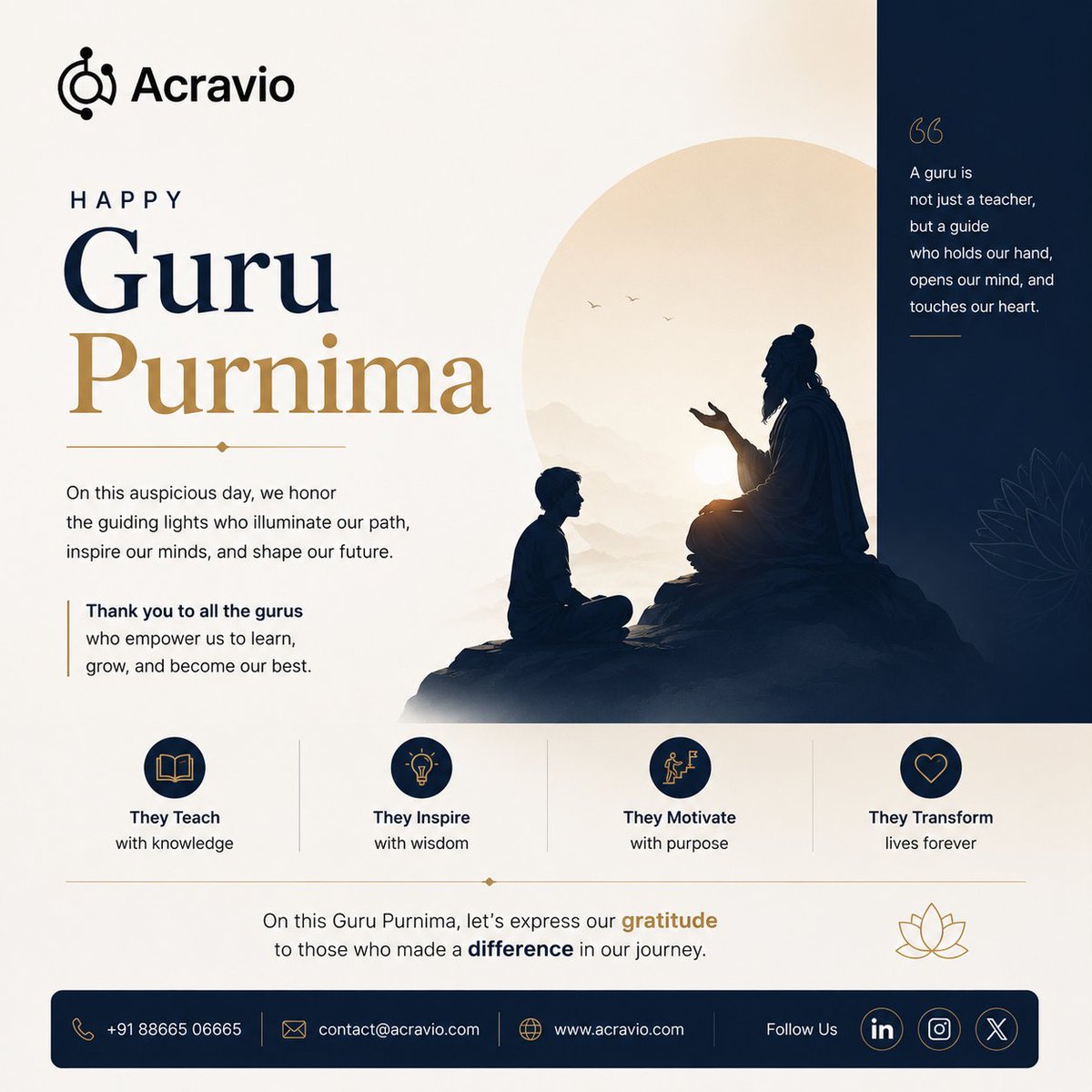 acraviotech's tweet photo. Happy Guru Purnima 🙏✨
This Guru Purnima, we express our heartfelt gratitude to everyone who has inspired us with knowledge, wisdom, and purpose.
🌼 Happy Guru Purnima from Team Acravio.
#GuruPurnima #Gratitude #Mentorship #Learning  #Inspiration #Acravio  #Knowledge #Success https://t.co/su9CxabegQ