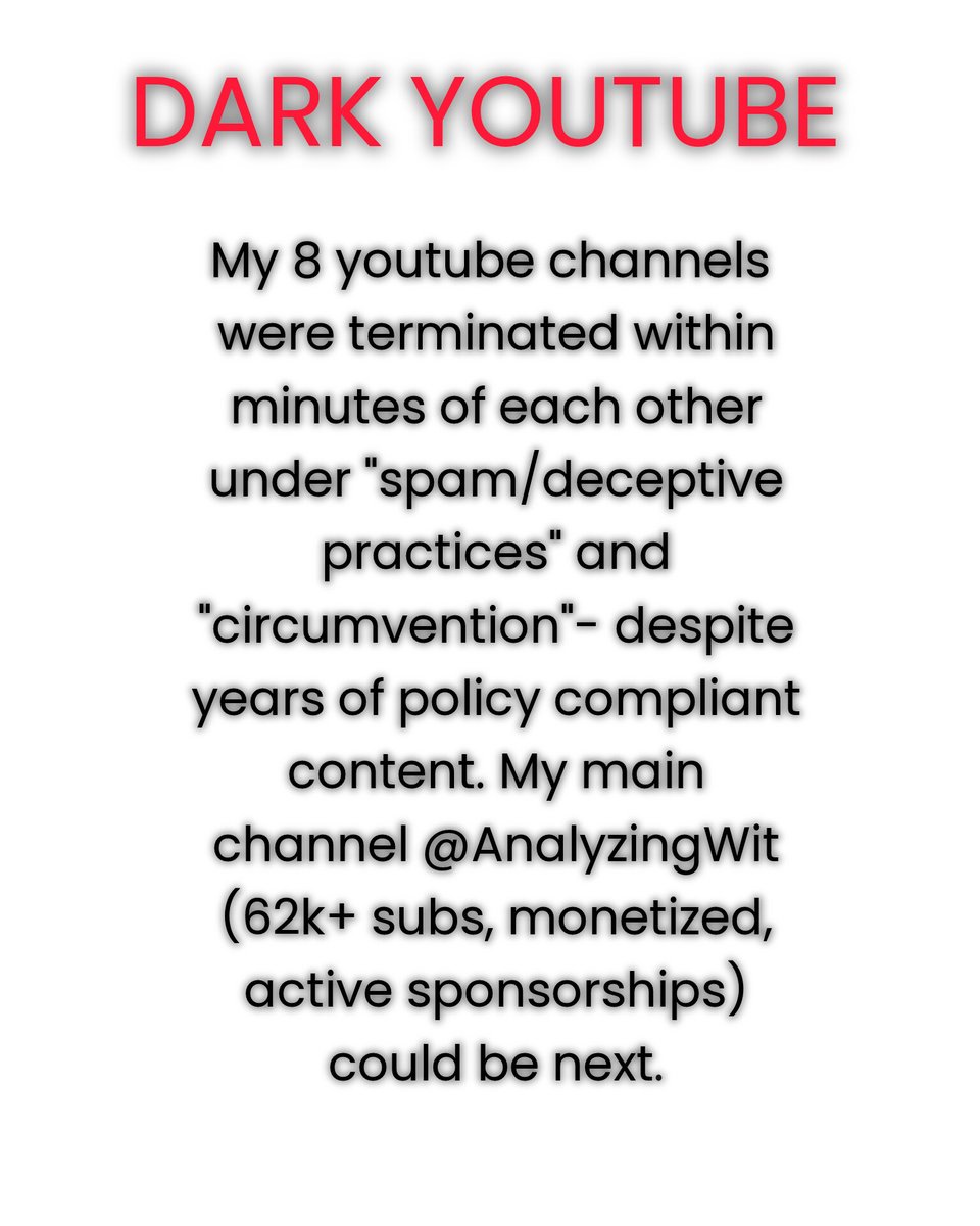AnalyzingWit's tweet photo. @YouTubeIndia @YouTube You should respect your creators. Stop treating them like a piece of trash. You send fake copyright strikes without verifying them and now you removed my 8 Youtube channels, but you don't bother to explain the actual reasons of the termination. @TeamYouTube https://t.co/hWZrIk6IVY