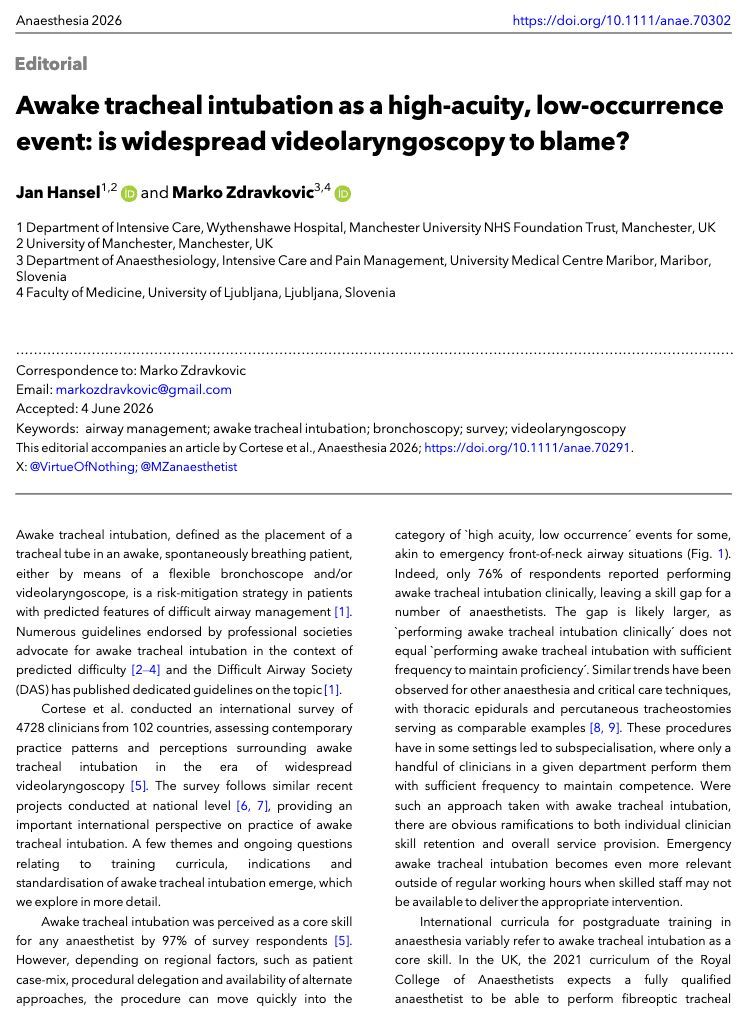 Anaes_Journal's tweet photo. Awake tracheal intubation as a high-acuity, low-occurrence event: is widespread videolaryngoscopy to blame?

#anaesthesia #MedTwitter

@VirtueOfNothing @MZanaesthetist

https://t.co/eBfeVyZGnt https://t.co/HTQF3cJzkH