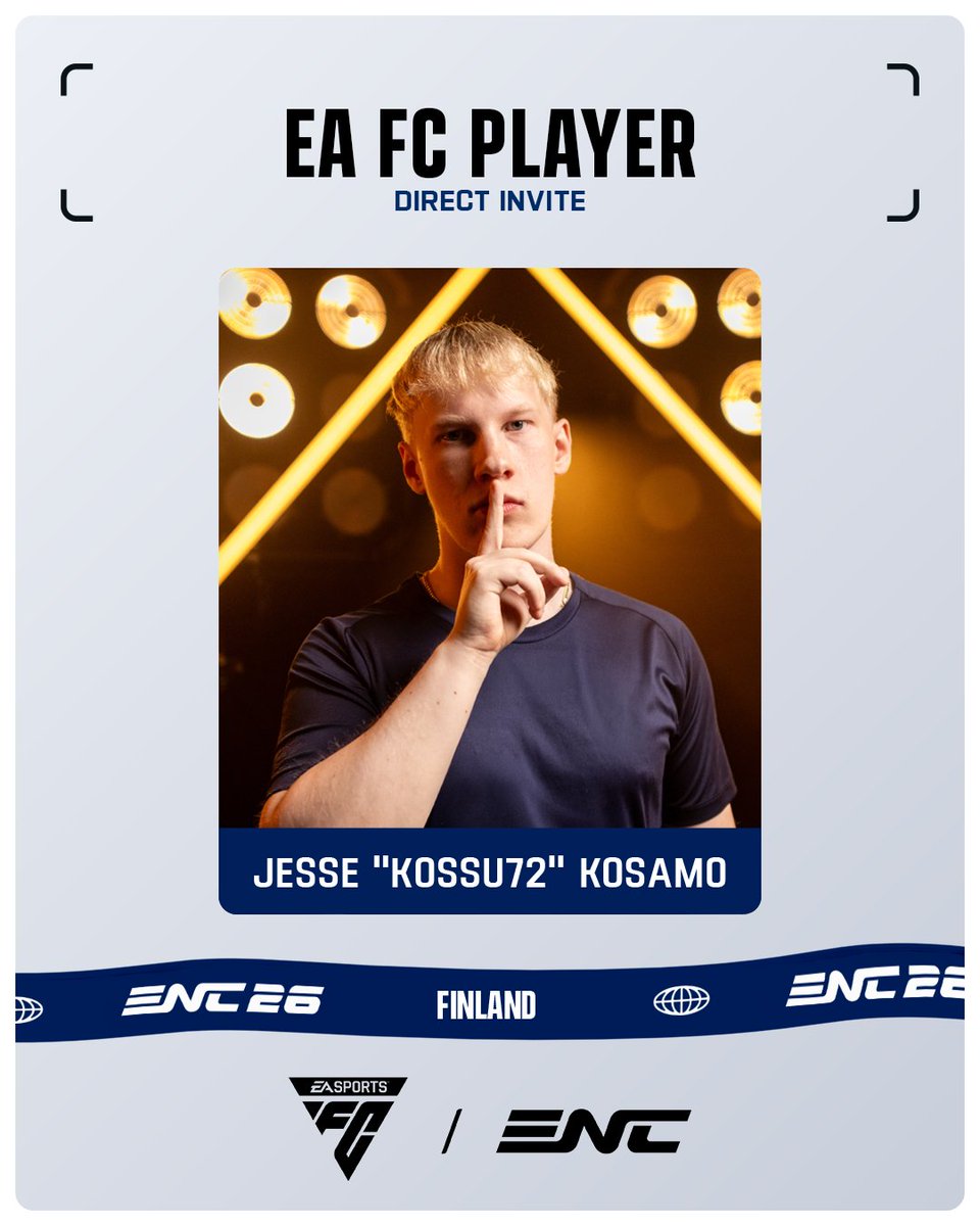 TeamFIN_Esports's tweet photo. Nyt pysyy pallo hallussa ⚽

Jesse @Kossu72 Kosamo gets a direct invite for ENC26, and Team Finland's confirmed game representation goes up to 8 🇫🇮❤️‍🔥

#esportsfi #EAFC | #ENC https://t.co/jNxNkPJahW