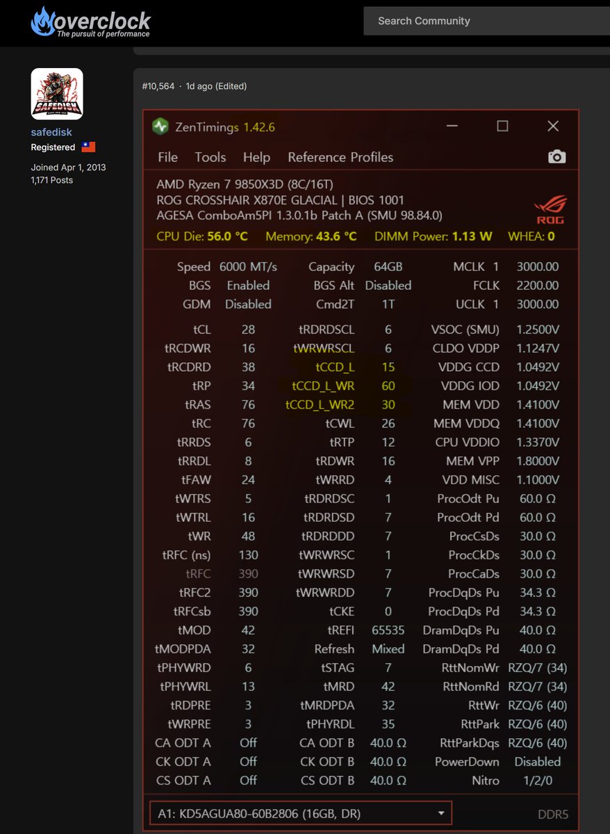 unikoshardware's tweet photo. zentimings 1.42.6 beta
- tCCD_L, tCCD_L_WR and tCCD_L_WR2 now come from the APOB instead of the UMC registers
- add cpu die temp, memory temp, dimm power and whea (since 1.41.5)

ocn asus c10a thread
https://t.co/hvpYfIC7O9

github zentimings 1.42.6 beta
https://t.co/FMYFx98b2e

1.42.7 & 1.42.8 are in pre release state, if 1.426 works fine for you then just use 1.426
https://t.co/drrzDH4Add