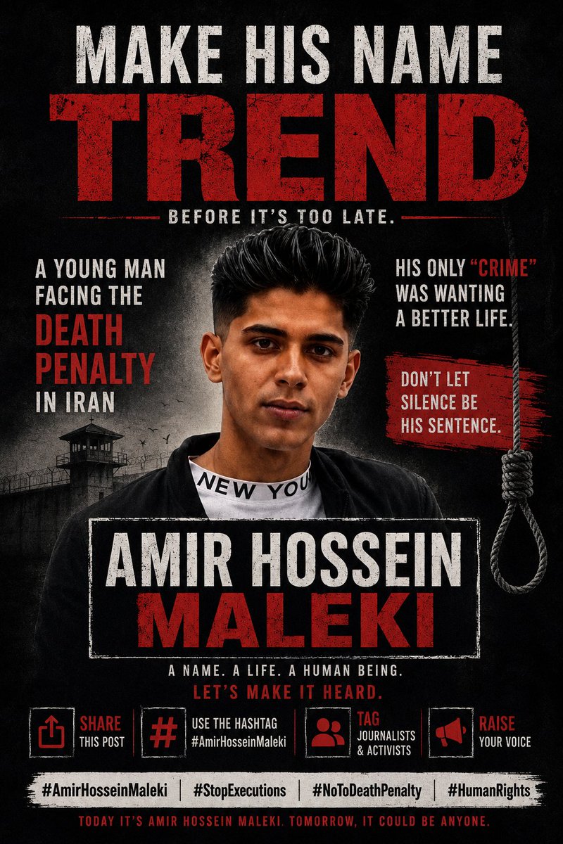 uj43ih's tweet photo. MAKE HIS NAME TREND

Amir Hossein Maleki

A young man facing the death penalty.

Don't let his name be forgotten.

Raise your voice. Share his story.

#AmirHosseinMaleki
 #StopExecutions
#SaveAmirHosseinMaleki https://t.co/XOw13KH8M1