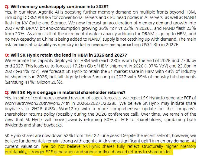 knockouttrader's tweet photo. UBS' take: SK Hynix's recent selloff looks disconnected from its fundamentals - PT down slightly from Won 3,200,000 to Won 3,000,000

Despite the sharp correction, UBS argues the long-term thesis remains intact (like the entire FinX does lol). 
Nicolas Gaudois continues to see agentic AI driving broader memory demand beyond HBM, revised LTAs improving earnings visibility, and HBM negotiations for 2027 progressing. He also expects SK Hynix to begin share buybacks in 2H26, supported by substantial free cash flow generation

UBS furthermore still believes the memory cycle is actually strengthening. It now forecasts DRAM bit demand growth accelerating to 36% in 2027, while virtually all new DRAM wafer capacity continues to be allocated to HBM, leaving conventional DRAM supply tight. Combined with continued LTA adoption and stable NAND demand, UBS argues the market is underestimating the durability of the current memory upcycle

$SKHY $MU $SNDK