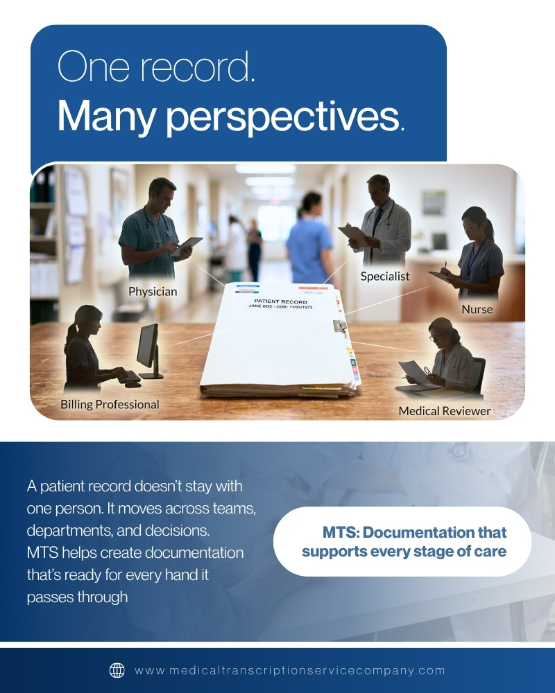 MedTranscript_'s tweet photo. A patient record doesn't stop working after it's prepared. It continues supporting clinicians, reviewers, coders, and care teams every time it's opened.
That's the role #medicaltranscriptionservices from MTS help fulfill.
 #ClinicalDocumentation #HealthcareSupport https://t.co/dXdJUnhWhT