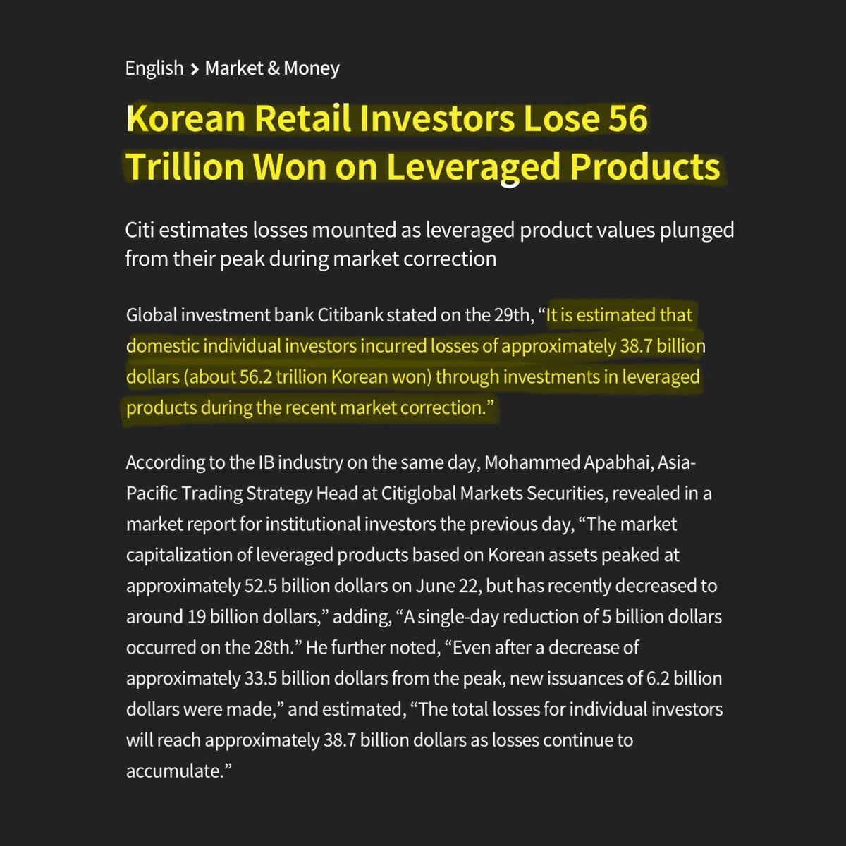 macropaperr's tweet photo. 🚨 AN ENTIRE GENERATION JUST GOT WIPED OUT BY THE STOCK MARKET.

Millions of young Koreans saw the stock market as their only chance to build wealth.

Homes were too expensive.

Savings weren't enough.

So they borrowed money and went all in.

Many bought 2x leveraged semiconductor ETFs, used 3x margin, and treated short-term trading products like long-term investments.

Then the market turned.

According to Citi, Korean retail investors have now lost an estimated $38.7 billion (₩56 trillion) on leveraged products.

More than 360,000 margin accounts were forced into liquidation.

62% of those wiped out were under the age of 35.

Margin loans reached a record ₩38.6 trillion, creating a vicious cycle of forced selling that pushed prices even lower.

Many investors are still holding their positions, meaning the pain may not be over.

This wasn't just a stock market correction. It became a debt crisis for an entire generation that believed borrowing was their only path to getting ahead.