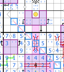 nubounba's tweet photo. @sevenc_nanashi ここのレンバン線なのですが、8以上を入れないと2～9を含む連番と矛盾が出るのに正答は7です。
これは要するに、2マス目で反射するべきってことなんでしょうか？
このルートは「線」は壁とかすっていないですが、マスは確かにかすってます。
もしそうなら、ルールに明記した方がいいかと思います https://t.co/I0jqghY570
