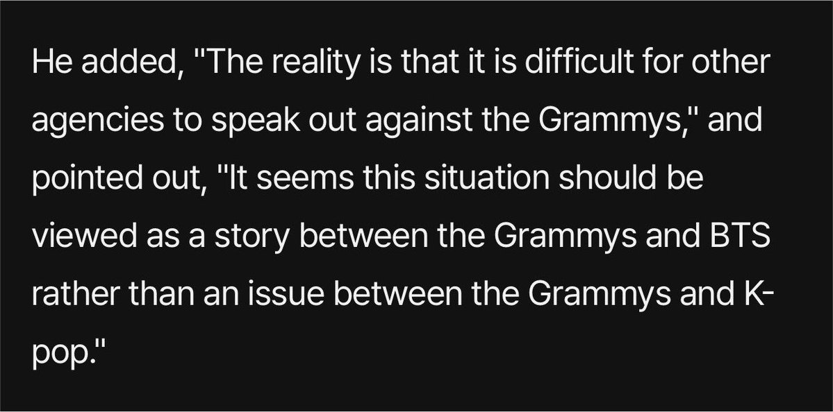 bangtnsevn's tweet photo. Diğer şirketlerden gelen açıklamaymış 😆

"diğer şirketlerin grammy'e karşı açıkça seslerini yükseltmeleri oldukça zor.
Ayrıca "bu durumun grammy ile k-pop arasındaki genel bir mesele olarak değil, daha çok grammy ile BTS arasındaki bir mesele olarak değerlendirilmesi gerektiğini düşünüyorum" ifadelerini kullandı.