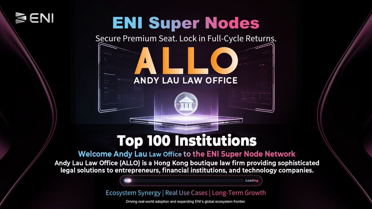 ENI__Official's tweet photo. ALLO Lawyers officially becomes one of the ENI Super Nodes and is included in the ENI Top 100 Institutions Program!

We are pleased to announce that Andy Lau Law Office (ALLO) has officially become one of the ENI Super Nodes. Based on long-term ecosystem collaboration and strategic synergy between both parties, ENI has now included ALLO in the ENI Top 100 Institutions Program.

Moving forward, both sides will deepen cooperation across blockchain legal compliance, Web3 regulatory frameworks, ecosystem synergy, and long-term network development.

ALLO is a Hong Kong-based boutique law firm specializing in cryptocurrency, blockchain, Web3, financial regulation, corporate advisory, and cross-border legal services for entrepreneurs, financial institutions, and technology companies.

The ENI Super Node Program is one of the core strategic partnership frameworks within the ENI ecosystem. Through the Top 100 Institutions, Top 100 Ecosystems, and Top 100 Exchanges, ENI continues expanding its global ecosystem and institutional network.

Top-tier forces are converging into ENI’s strongest consensus.

🔗 https://t.co/fddeXPvUZL