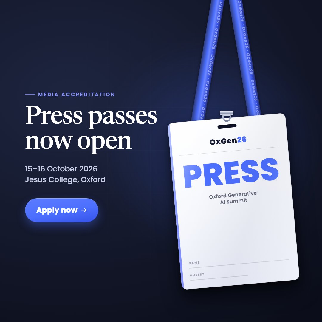 OxGenAI's tweet photo. Calling journalists and media professionals.

Press passes for the Oxford Generative AI Summit are now open. If you cover AI, technology or policy, we'd love to have you at Jesus College, Oxford this October.

Apply now – https://t.co/lXNj80Zc1P https://t.co/1faneWSQBg
