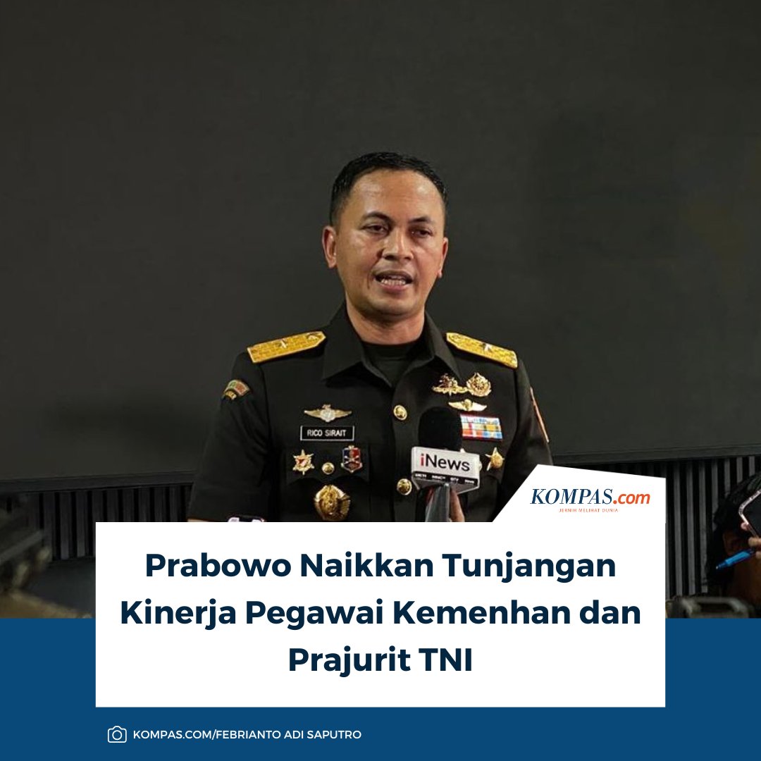 kompascom's tweet photo. Baca selengkapnya: https://t.co/KYee93BMgR
Karo Infohan Setjen Kemenhan Brigjen Rico Sirait mengonfirmasi Presiden Prabowo Subianto menaikkan tunjangan kinerja bagi pegawai Kemenhan dan prajurit TNI.
~MS #Prabowo #tukin #Kemenhan https://t.co/Ytvj6x1sV1