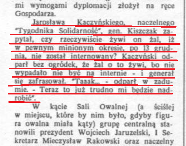 LeskiPiotr's tweet photo. Jak my nic nie wiemy o początkach III RP🧐
Otóż. 7 listopada 1989 r., w 72. rocznicę Rewolucji Październikowej, ambasador ZSRR Władimir Browikow wydał przyjęcie w ambasadzie ZSRR w Warszawie. Na raucie byli m. in. gen. Jaruzelski, gen. Kiszczak oraz.... Jarosław Kaczyński. Jedna z gazet opozycyjnych była świadkiem takiej oto familiarnej sytuacji:

"Jarosława Kaczyńskiego, naczelnego "Tygodnika Solidarność", gen. Kiszczak zapytał, czy rzeczywiście żywi on żal, iż w pewnym minionym okresie, po 13 grudnia, nie został internowany? Kaczyński odparł bez ogródek, że żal o to żywi, bo nie wypadało nie być na internie - i generał się zafrasował. "Taaak... - odparł w zadumie. - Teraz to już trudno mi będzie nadrobić".

Żeby było ciekawiej, to tylko dodam na marginesie, że na tym raucie był również oficer KGB Anatoli Wasin, z którym - jak wiemy - Jarosław Kaczyński spotykał się przez kilka miesięcy w 1989 roku (o tym napiszę więcej przy innej okazji).

Niemniej to, że Jarosław Kaczyński rozmawiał tak swobodnie z generałem Kiszczakiem świadczyć musi o tym, że znali się już wcześniej. Wiemy, że dobre relacje miał z Kiszczakiem śp. Lech Kaczyński, bo razem spotykali się podczas rozmów w Magdalence, ale to, że znał go również Jarosław Kaczyński, to - przynajmniej dla mnie - nowość. Bardzo dziwne, że koncesjonowani historycy z IPN nie chcą pisać na te tematy...

I teraz pomyślcie, że na takim spotkaniu - i takie relacje z gen. Kiszczakiem i oficerem KGB Wasinem - był Donald Tusk. Do dziś byłby oskarżany o zdradę i działanie na rzecz Moskwy.
