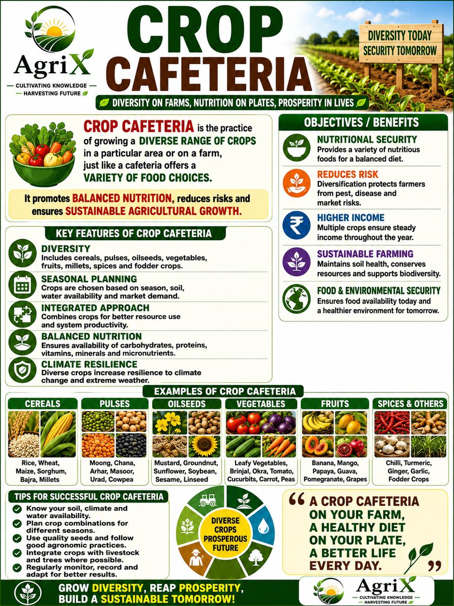 agrix2026's tweet photo. A Crop Cafeteria is an experimental field where different crop varieties or species are grown side by side under the same conditions. 

#cropcafeteria #cropmanagement 
#cropproduction https://t.co/3TfazHheZG