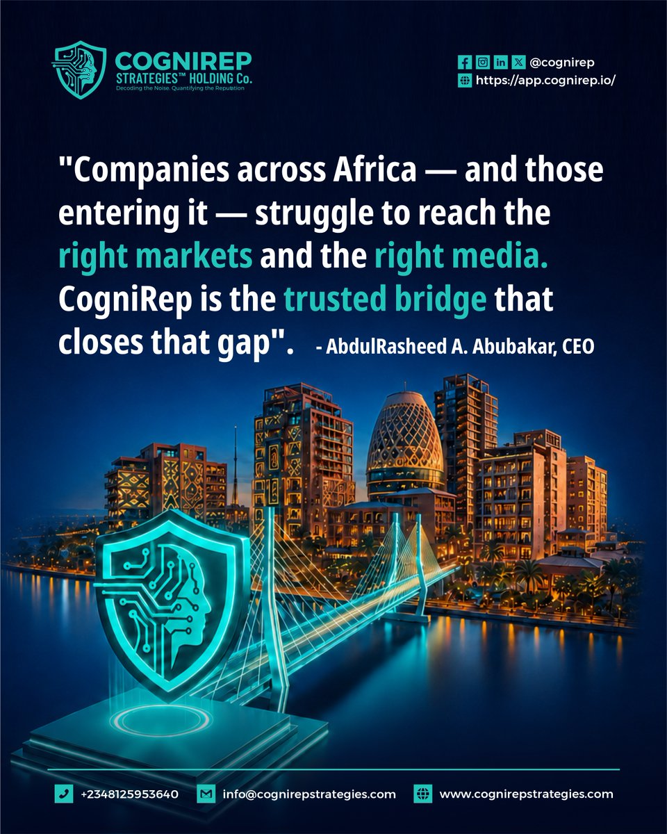 cognirep's tweet photo. Companies across Africa — and those entering it — struggle to reach the right markets and the right media. CogniRep is the trusted bridge that closes that gap.

#CogniRep #AfricaBusiness #MediaTransparency #CrossBorderCommerce https://t.co/VVEOIirRTv