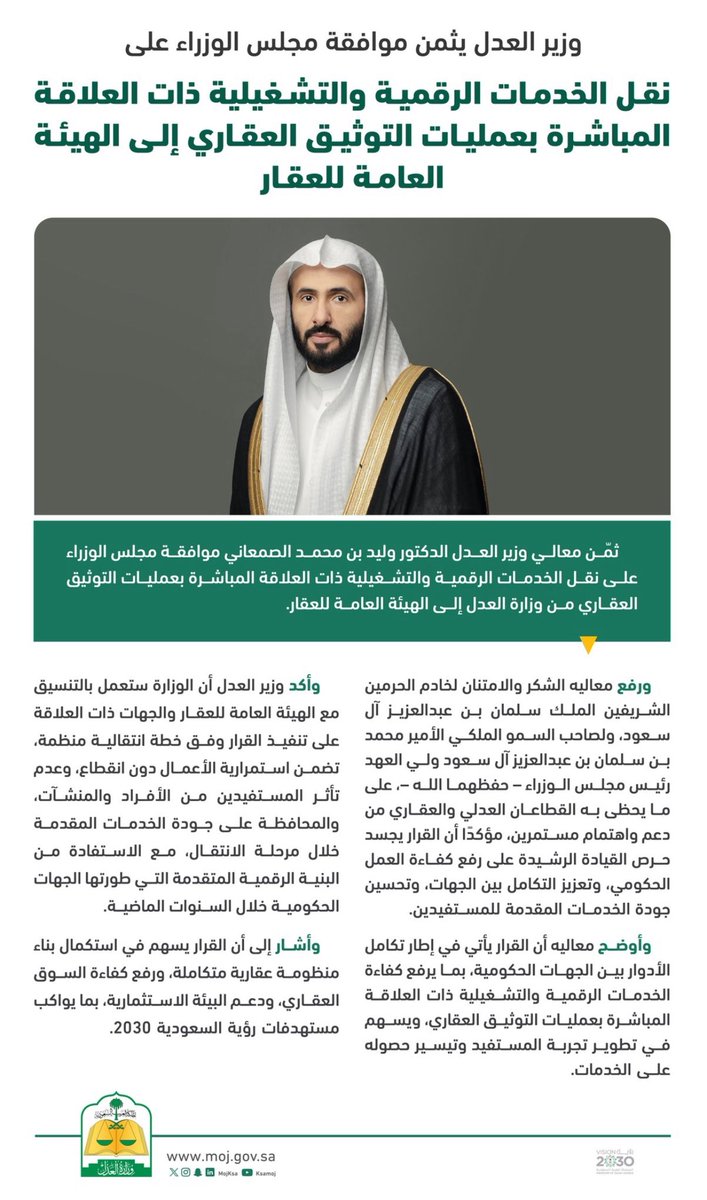 Rll_law's tweet photo. معالي وزير العدل د. وليد الصمعاني يثمّن موافقة مجلس الوزراء على نقل الخدمات الرقمية والتشغيلية ذات العلاقة المباشرة بعمليات التوثيق العقاري إلى الهيئة العامة للعقار. https://t.co/fA5bnpprrn