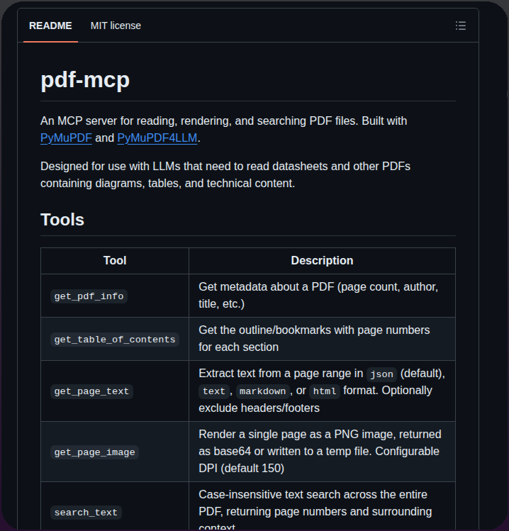 pdf-mcp는 PDF 문서를 LLM을 위한 구조화된 텍스트 및 이미지로 변환합니다. 대표 이미지
