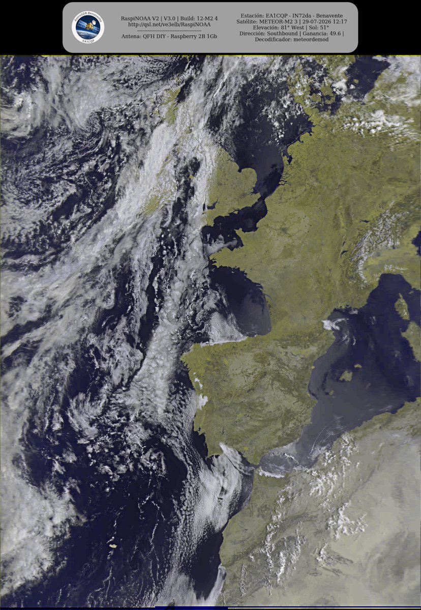 monforra's tweet photo. Ground Station: EA1CQP - IN72da - Benavente METEOR-M2 3 29-07-2026 12:01 CEST Max Elev: 81° W Sun Elevation: 51° Gain: 49.6 | Southbound
#NOAA #MeteorM2_3 #MeteorM2_4 #weather #weathersats #APT #LRPT #wxtoimg #MeteorDemod #rtlsdr #gpredict #raspberrypi https://t.co/ecCFuNk2lg