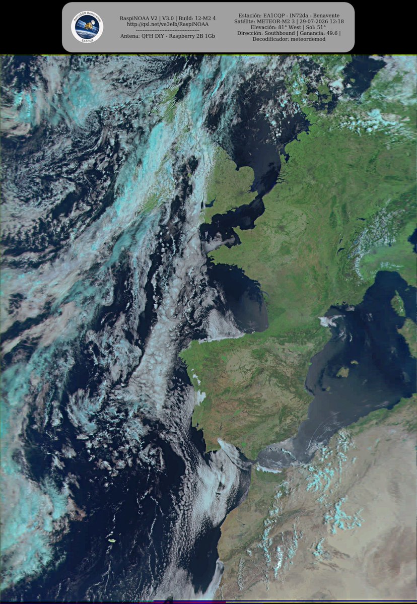 monforra's tweet photo. Ground Station: EA1CQP - IN72da - Benavente METEOR-M2 3 29-07-2026 12:01 CEST Max Elev: 81° W Sun Elevation: 51° Gain: 49.6 | Southbound
#NOAA #MeteorM2_3 #MeteorM2_4 #weather #weathersats #APT #LRPT #wxtoimg #MeteorDemod #rtlsdr #gpredict #raspberrypi https://t.co/ecCFuNk2lg