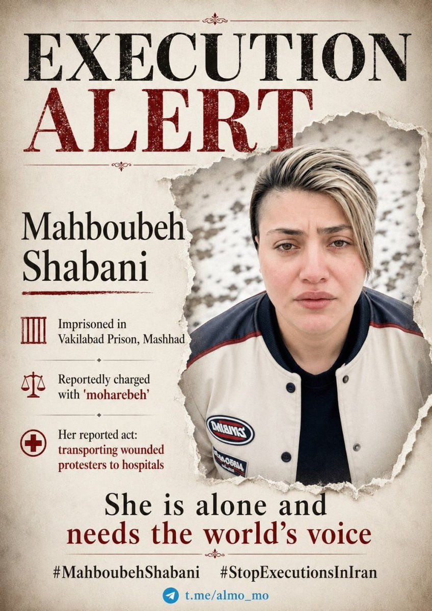 umarinax's tweet photo. 🚨 Mahboubeh Shabani reportedly helped transport wounded protesters to hospitals.
She was later detained and charged with moharebeh ("enmity against God").
She now faces the risk of an irreversible sentence.
#MahboubehShabani #StopExecutionsInIran https://t.co/nXeWpZJ1Yu