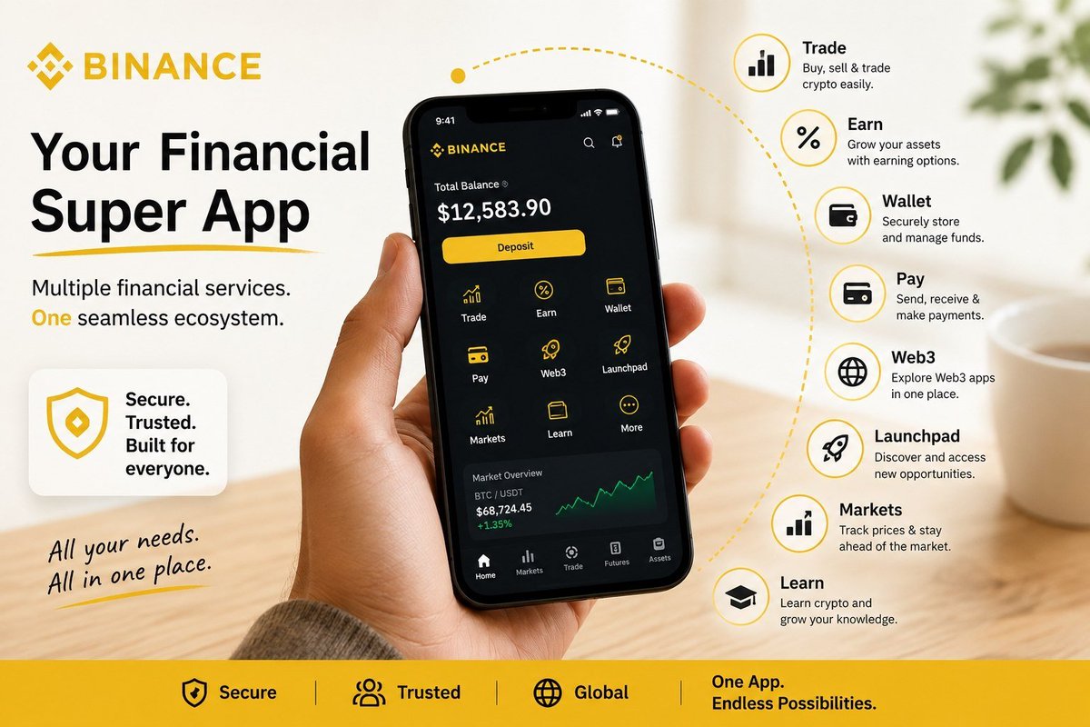IraWeb_3's tweet photo. I always thought Binance was mainly a place to trade crypto.

Then I spent more time exploring the platform.

What surprised me wasn't a single feature—it was how many financial tools are connected in one ecosystem. Instead of switching between multiple apps, everything feels designed to work together.

A quick look:

• Trade smarter
• Earn rewards
• Store securely
• Send payments
• Explore Web3
• Track markets
• Launch projects
• Learn daily
• Manage portfolio
• Stay connected

Each feature has its own purpose, but together they create a smoother financial experience.

For beginners, it reduces the learning curve. For experienced users, it saves time by keeping essential tools in one place.

Of course, no platform replaces good risk management or personal research. Those should always come first.

But it's interesting to see how financial platforms are evolving. We're moving away from single-purpose apps toward connected ecosystems that let users manage more of their financial lives from one place.

That's what makes Binance stand out to me.

It isn't just about buying or selling crypto anymore. It's about giving users access to trading, earning, payments, Web3, education, and portfolio management without constantly jumping between different services.

The future of finance won't be defined by who has the most features.

It will be defined by who connects those features into the simplest, most useful experience.

That's the direction Binance seems to be building toward.

#Binance #LearnWithBinance #BinanceAcademy