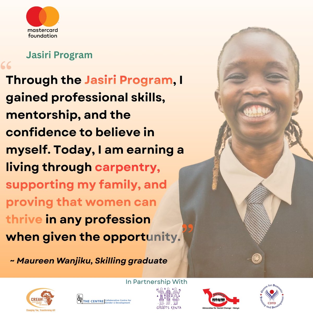 JasiriProgramKe's tweet photo. From an informal settlement to a career in carpentry, Maureen is breaking gender norms &amp; building her independence. Through the Jasiri Program, @CREAW in partnership with  @MastercardFdn  supported her training at @_Buildher, alongside psychosocial &amp; GBV awareness. #JasiriProgram https://t.co/NIGlgVJfg1