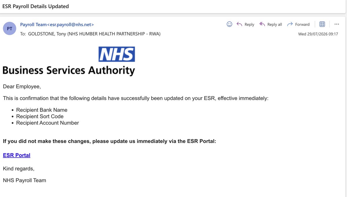 goldstone_tony's tweet photo. URGENT SCAM ALERT: If you get an email like the one below, its not from ESR, and it is a scam. If you hover over the URL (!!dont click it!!) you can see its from a known scamming URL 

Delete it and move on. Please share / RT

[Please can @NHSEngland spam emails linking scams] https://t.co/O7rShwlE5e