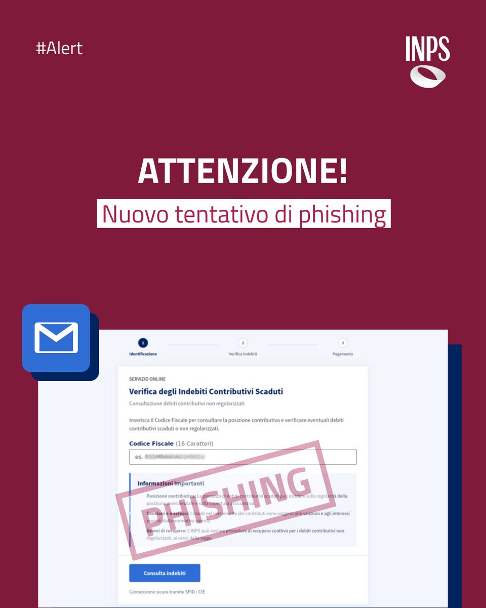 INPS_it's tweet photo. ⚠️Nuovo tentativo di truffa tramite mail con l'URL:
🔴hxxps[://]inpsp[.]sbs/IT
Non cliccate e non fornite dati!
@AgidCert https://t.co/YHqFIz0W4f