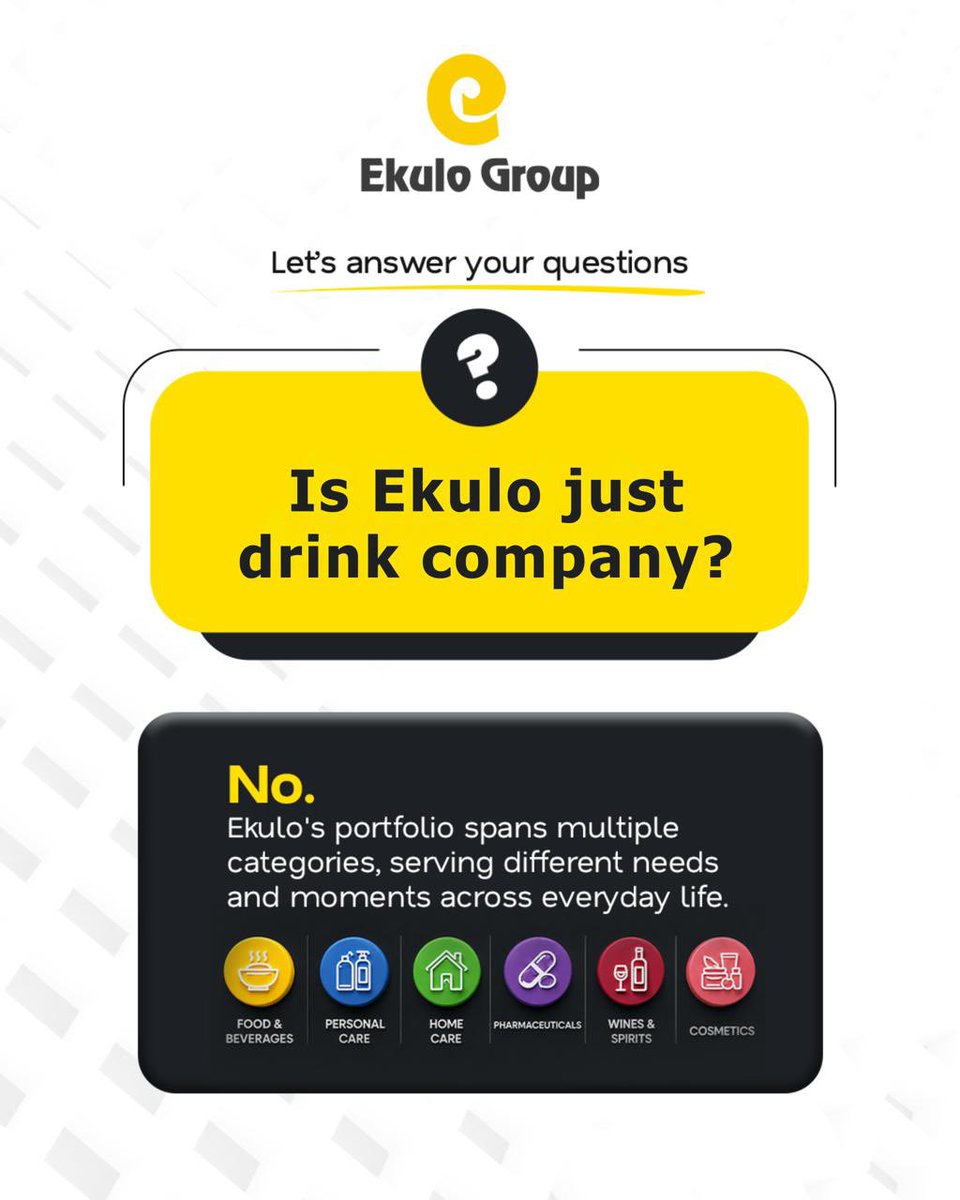 GroupEkulo's tweet photo. When people think of Ekulo, wines and spirits often come to mind. 
But we’re so much more.
As a multi industry organisation, our portfolio spans Food & Beverages, Personal Care, Home Care, Pharmaceuticals, Cosmetics, and more, all driven by one purpose: delivering quality products that improve everyday life.

GUESS & WIN! 🎉
What year do you think Ekulo was founded?
Drop your answer in the comments. The first 3 people to get it right will each win a carton of one of our heritage brands

#EkuloGroup #DrivenByQuality
 #MoreThanDrinks 
#multiindustry
