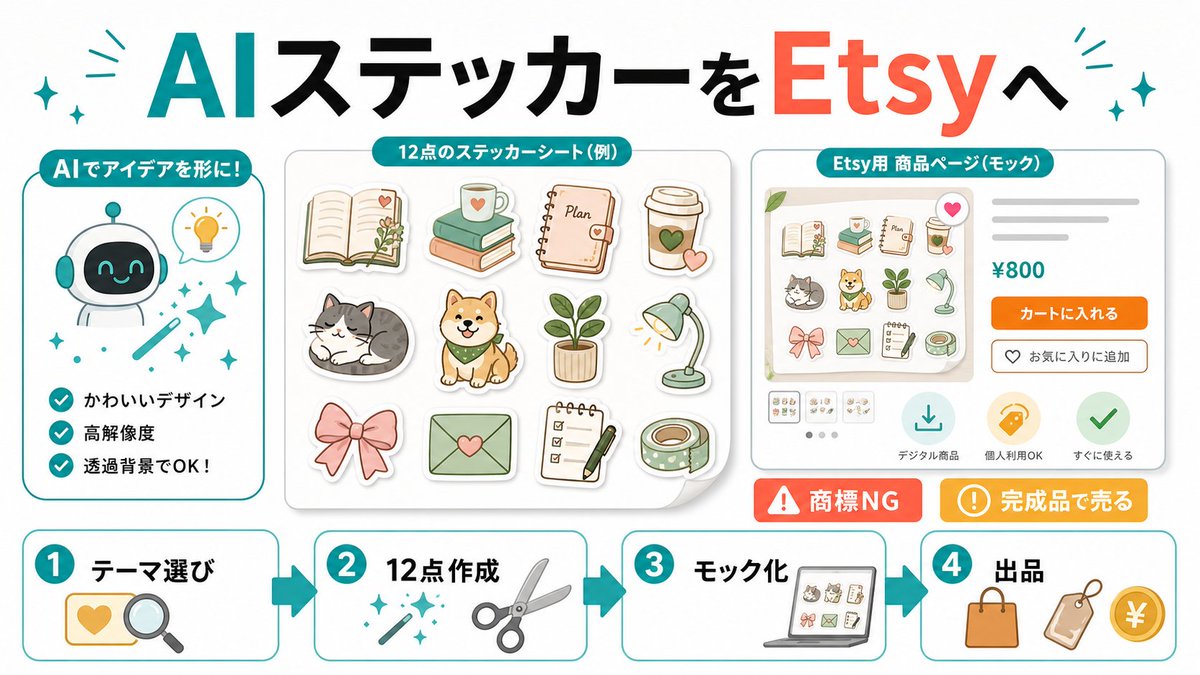 BynaryN's tweet photo. AIで作ったステッカー案、Etsyで小さく売れるかも。
読書・手帳・ペットなど1テーマで12点作り
Canvaでmockup化しましょう
プロンプト集ではなく完成品にするのが大事。
時間がかかるけど、資産形成と思ってコツコツ取り組むのがコツ！
 #AI副業 #Etsy #デジタル商品 https://t.co/Bx6bBNa4Zs