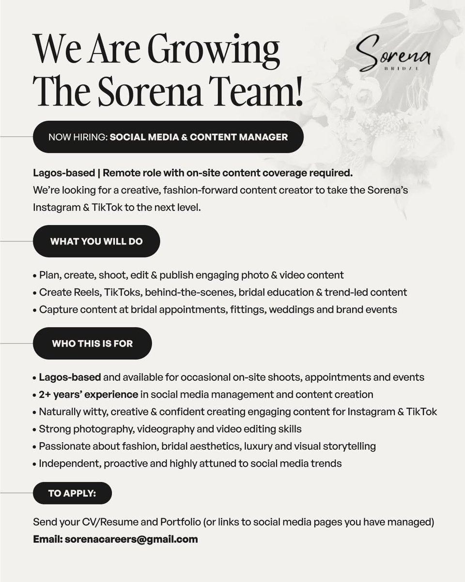 JobberRecruit's tweet photo. 🌀WE’RE HIRING: SOCIAL MEDIA & CONTENT MANAGER

📍 Location: Lagos (Remote with occasional on-site content coverage)

Responsibilities

Plan, create, shoot, edit, and publish engaging photo & video content
Produce Reels, TikToks, BTS, bridal education, and trend-driven content
Capture content during bridal appointments, fittings, weddings, and brand events

Requirements

Lagos-based and available for occasional on-site shoots
Minimum of 2 years’ experience in social media management and content creation
Strong photography, videography, and video editing skills
Creative, confident, and up-to-date with social media trends
Passionate about fashion, bridal, luxury, and visual storytelling
Proactive and able to work independently

Apply Now

📧 Send your CV and Portfolio (or links to social media pages you’ve managed) to:

sorenacareers@gmail.com