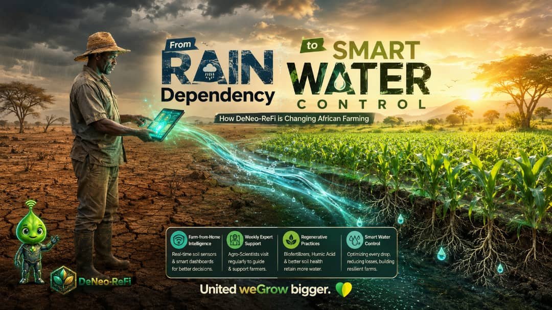 PJTalks101's tweet photo. From Rain Dependency to Smart Water Control: How DeNeo-ReFi is Changing African Farming
For generations, millions of African farmers have lived at the mercy of the rains.
When the rains come, there is hope. When they fail, delay, or stop suddenly, entire seasons collapse. This heavy dependence on unpredictable rainfall, combined with poor irrigation infrastructure, has kept farming risky, yields inconsistent, and poverty deeply rooted in rural communities.
Traditional rain-fed agriculture is no longer enough for a secure future.
DeNeo-ReFi is changing this reality.
We are building a modern, intelligent water management system that gives farmers greater control and resilience, even where infrastructure is limited:
Farm-from-Home Intelligence. Real-time soil sensors and smart dashboards provide continuous, accurate data on moisture levels, helping farmers make informed decisions instead of guessing.
Weekly Expert Support. Trained Agro-Scientists visit farms regularly to assess water conditions, recommend efficient practices, and offer practical guidance tailored to local realities.
Regenerative Practices  Natural solutions like microbial biofertilizers, Humic Acid, and improved soil management dramatically increase the land’s ability to retain and use water effectively, reducing dependency on frequent rainfall or irrigation.
Farmers no longer have to rely solely on the uncertainty of rain.
With DeNeo-ReFi, they move from passive dependency to active, smart water control, optimizing every drop, reducing losses during dry periods, and building more stable, productive farms.
This is how we shift from vulnerability to resilience.
This is how we turn rain dependency into intelligent water management.
This is how we create a stronger, more sustainable agricultural future for Africa.
United weGrow bigger.  

Follow, like, comment, and retweet. If you want to learn more about us check out our main page @DENEO_FARM