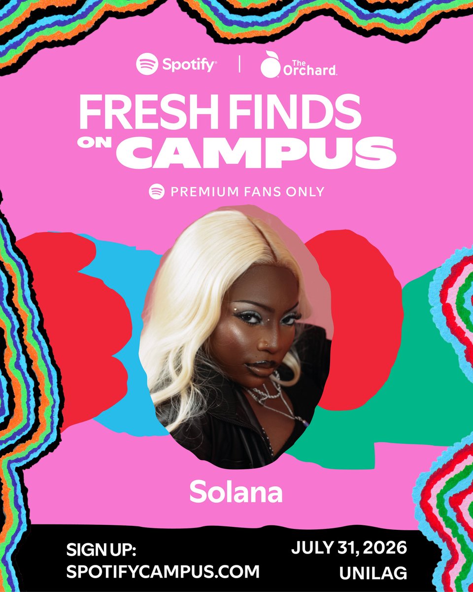 solana_tii's tweet photo. Let’s party the SOLANA way this Friday 💛💛
Fresh Finds Campus

Friday, 31st July at Unilag. 

Registration @SpotifyAfrica https://t.co/YlZsZWDaoq