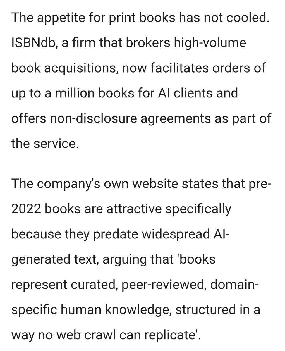 mikysbookshelf's tweet photo. I need everyone to pause for a second and talk about how the AI companies are now buying rare, last editions, books, feeding them to their AI, and then *destroying* them, actively removing them from existence https://t.co/8Plaza11Bt