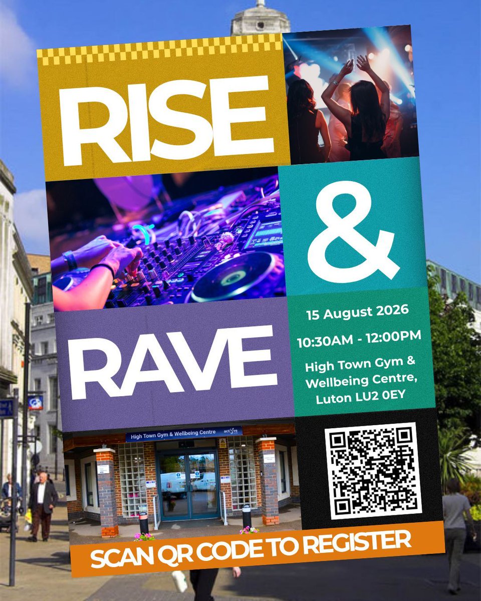 LutonTotal's tweet photo. Start your Saturday the right way at Rise &amp; Rave! Join us for a morning of music, connection, and good vibes. 
📅 15 August 2026 ⏰ 10:30am – 12:00pm📍High Town Gym &amp; Wellbeing Centre
🔗 Register Now- https://t.co/4KsAQT2Yp3

#Totalwellbeingluton #Luton #Breakfastrave #Lutonevent https://t.co/1uiovXGA6f