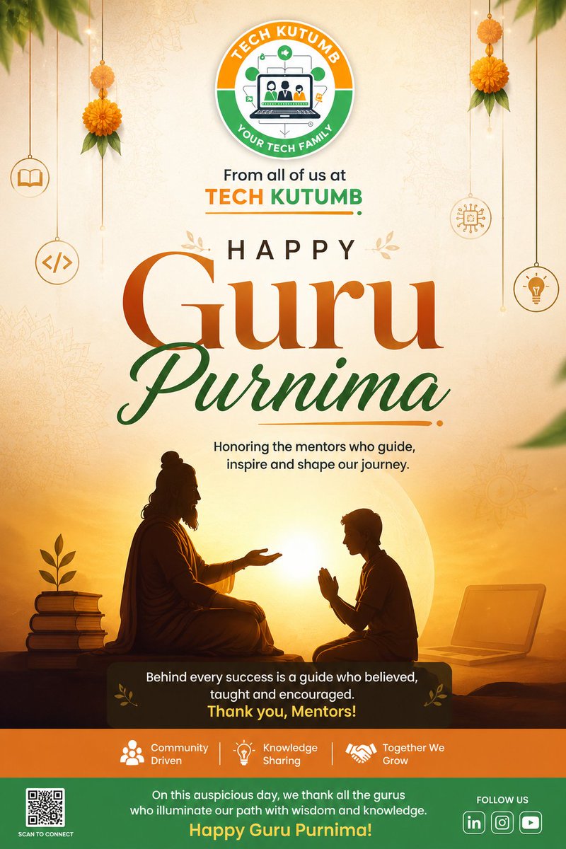 TechKutumb's tweet photo. 🌼 This Guru Purnima, we celebrate every mentor who inspires, guides, and empowers us to keep learning. Knowledge grows when it's shared, and great careers begin with the right guidance.

Happy Guru Purnima! 🙏✨

#GuruPurnima #TechKutumb #Learning #Mentorship #TechCareers https://t.co/FGQChRa14r