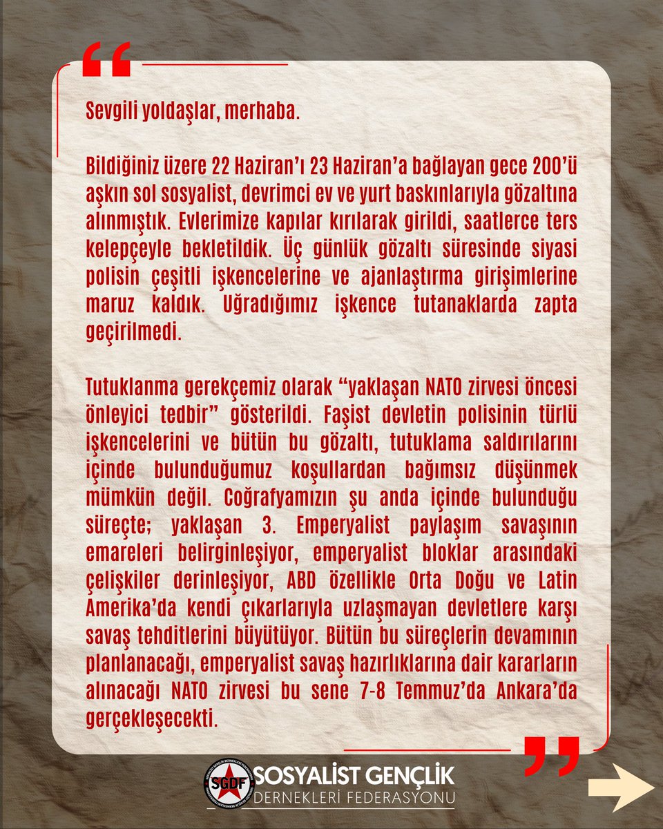 sgdfiletisim12's tweet photo. Ankara’da NATO zirvesi öncesi tutuklanan ve Sincan Kadın Kapalı Hapishanesi’nde kalan yoldaşlarımızdan mektup var.

NATO tutsaklarına özgürlük!

👇🏻 https://t.co/qPSi0RXD9f