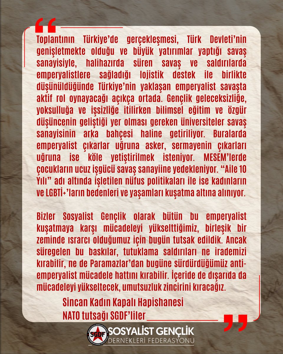 sgdfiletisim12's tweet photo. Ankara’da NATO zirvesi öncesi tutuklanan ve Sincan Kadın Kapalı Hapishanesi’nde kalan yoldaşlarımızdan mektup var.

NATO tutsaklarına özgürlük!

👇🏻 https://t.co/qPSi0RXD9f