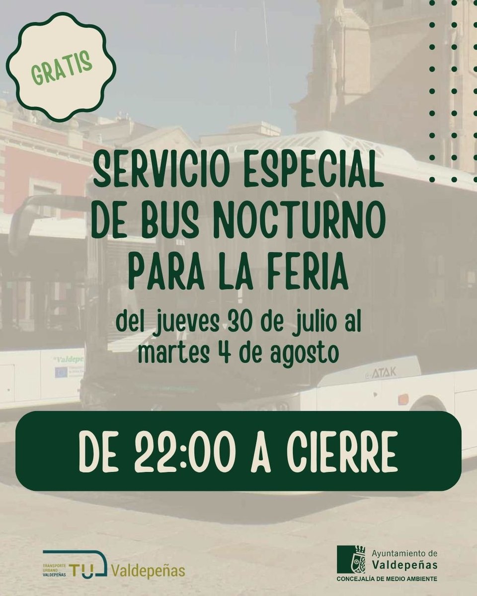 m_ambvaldepenas's tweet photo. 🚍 ¡Bus especial gratuito para la Feria! 🎡

Disfruta de la Feria con total comodidad y deja el coche en casa. Durante las fiestas estará disponible un servicio especial de autobús gratuito. https://t.co/SeiaBwXrdj