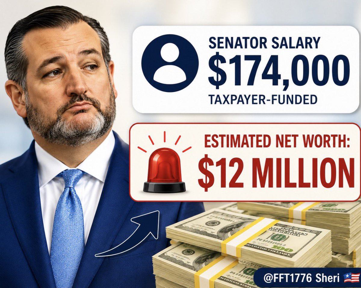 FFT1776's tweet photo. Given Ted Cruz’s silence, I decided to go digging.

Another senator making a $174,000 taxpayer-funded salary with an …

🚨Estimated net worth: about $12 million🚨

Is Cruz controlled by the same donors as John Thune?  

THIS IS GETTING RIDICULOUS! https://t.co/sEoCkb4XC9