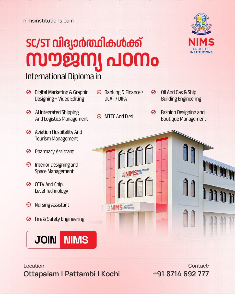 NIMSINSTITUTION's tweet photo. A Golden Opportunity for SC/ST Students!

Take the first step towards a successful career with internationally recognized diploma programs. Gain industry-relevant skills, practical training, and the confidence to build a brighter future. https://t.co/19vzJpBuzP
