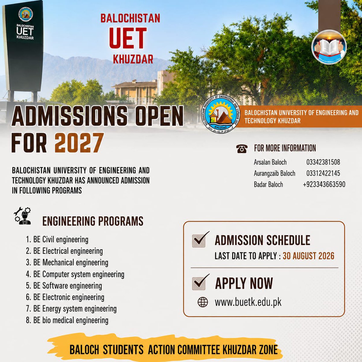 BSAC_KHUZDAR's tweet photo. BALOCHISTAN UET KHUZDAR 

Admission open for 2027
https://t.co/f6SncGFOYj https://t.co/5djrLJNmdm
