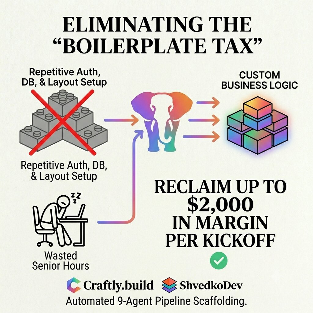 ShvedkoDev's tweet photo. "Week One boilerplate" setup is a financial failure for modern agencies. ⏳ https://t.co/32BNOxmrpv eliminates the grind. Our 9-agent pipeline automates auth, databases, &amp; layouts, reclaiming up to $2,000 in senior engineer margin per project kickoff.  #CraftlyBuild https://t.co/gtjORSQJm8
