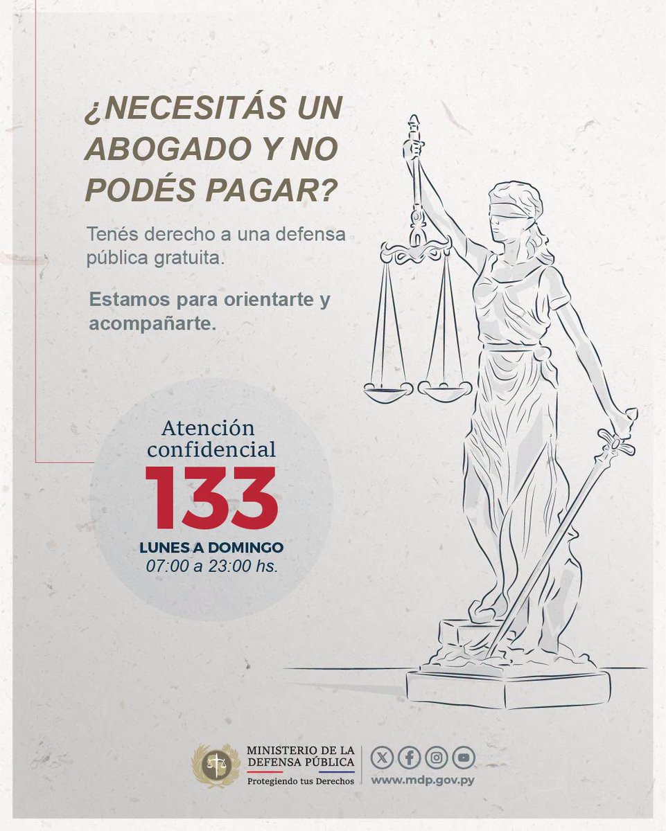 MDP_py's tweet photo. ¿Sabías que podés acceder a defensa gratuita si no contás con recursos?

En la Defensa Pública te orientamos y acompañamos.

Acceder a la justicia es un derecho.

#ProtegiendoTusDerechos
#DefensaPública https://t.co/5DWov323VV