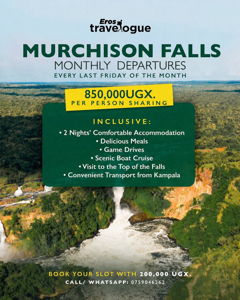 d_mukungu's tweet photo. #OpenParkDay: MURCHISON FALLS 

Take advantage of #OpenParkDay and experience the magic of Murchison Falls National Park at an incredible rate.

💰 UGX 850,000 per person (sharing)

📞 Call/WhatsApp: 0759046262

Limited spaces available. https://t.co/gxFkE7727B