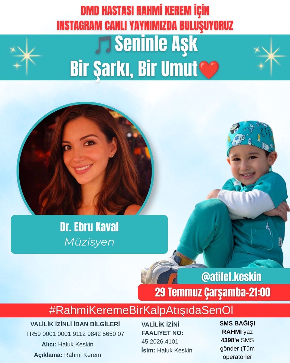 KeskinAtifet's tweet photo. Bugün canlı yayınımızdan kıymetli konuğumuz Ebru Kaval hanımefendi olacaktır .Herkesi canlı yayınımıza bekleriz.Sizlerde Rahmi Keremin gönüllüsü olur musunuz.Küçük bir evladı tedavi yolculuğunda yalnız bırakmakmayalım.@EbruKaval @SktuLllpy7 @acunilicali @hulyavsar @iremderici https://t.co/ehxUk6pECW
