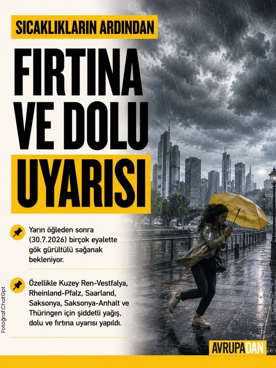 avrupadancom's tweet photo. #Almanya yeni bir sıcak hava dalgasına giriyor: Bugün batı ve güneybatıda sıcaklıklar 39°C’ye kadar çıkabilir. Yarından itibaren ise birçok eyalette kuvvetli sağanak, dolu ve fırtına bekleniyor. #Bavyera’da ise orman yangını riski en yüksek seviyeye çıktı.
Kaynak: DWD https://t.co/9kzPxQE0wR