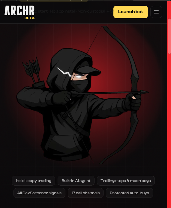 archrbot's tweet photo. New ARCHR website is LIVE w/updated docs 🏹
- Full redesign. Cleaner. Deadlier.
- Trade with AI using Claude or ChatGPT.
- Go from signal → profit in a single shot.

- Ready → https://t.co/A4jjkddI2Q
- Aim → https://t.co/ACFvXR6VvG
- Fire → https://t.co/HQC7mrzNrg https://t.co/9IXzHoYvwR