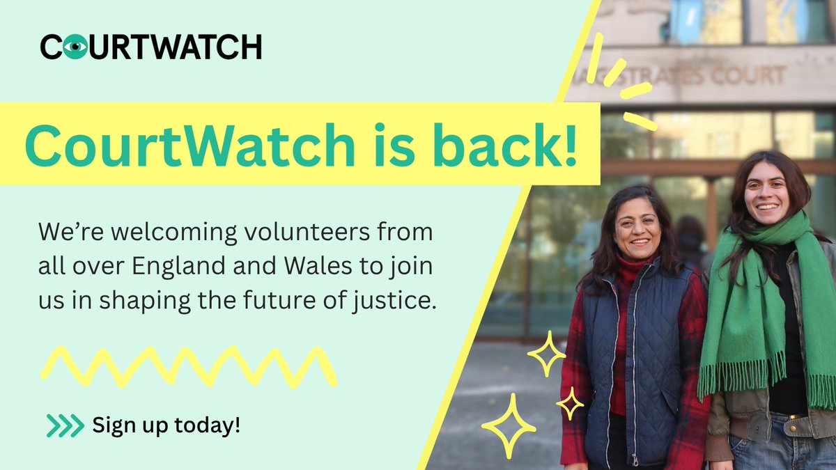 CourtWatchEW's tweet photo. 📢 CourtWatch is back - and this time we’re taking on the whole of England and Wales!

We’re looking for volunteers to observe hearings in their local magistrates’ courts and report back to us.

🔗Sign up now to get info on online training sessions! https://t.co/ycW8sE9LgP https://t.co/08tYzFTkHy