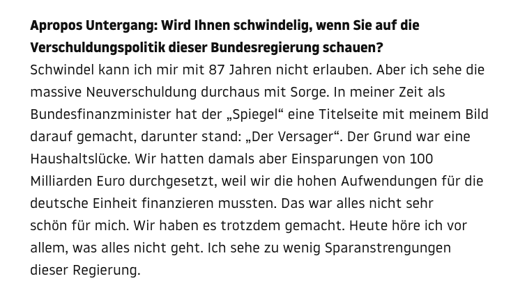 JuliusBetschka's tweet photo. Waigel, der ein Jahrzehnt lang Bundesfinanzminister war, kritisiert Friedrich Merz' Schuldenpolitik deutlich. Er sehe die „massive Neuverschuldung mit Sorge“ &amp; zugleich kaum Sparanstrengungen der Bundesregierung. Waigel hält bis zu 30 Milliarden Euro pro Jahr für verzichtbar. 6/9 https://t.co/CesBGeCii5