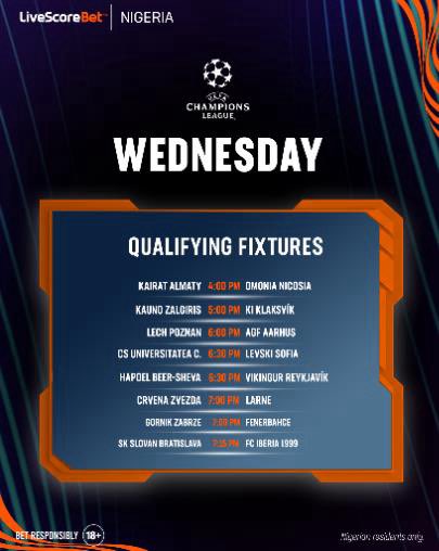 LivescorebetNG's tweet photo. ⚽️🔥 UEFA Champions League Qualifiers are back under the lights!

Who’s grabbing the advantage tonight? 

💰 Make every match more exciting with LiveScore Bet Nigeria and back your favourites.

⚠️ Nigerian residents only. 🔞
 #18+ #PlayResponsibly #UCLQualifiers #ChampionsLeague https://t.co/2Z5NHMqmcl