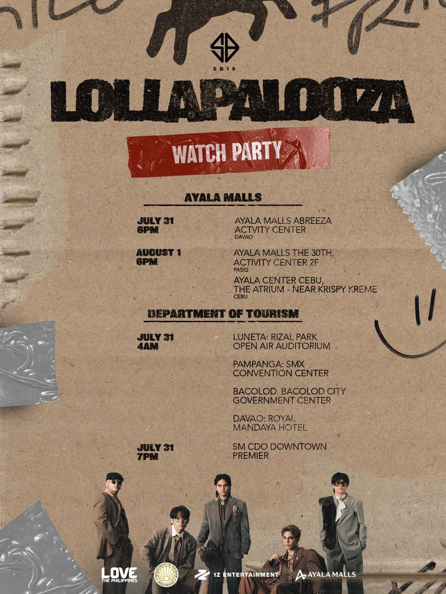manilaconcerts's tweet photo. A'TIN, it's time to celebrate! 🇵🇭 
Join the #SB19xLollapalooza Watch Party as fans gather across the Philippines to witness SB19's historic performance at Lollapalooza! 🙌 https://t.co/qZLG1a7YEu